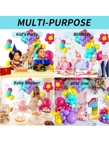 Arco de Globos Isndare Rosa, Azul, Amarillo y Púrpura