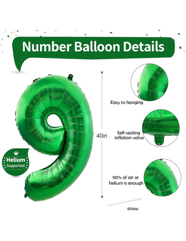 Globo de Número 9 Verde Oscuro 100 cm Foil para Cumpleaños