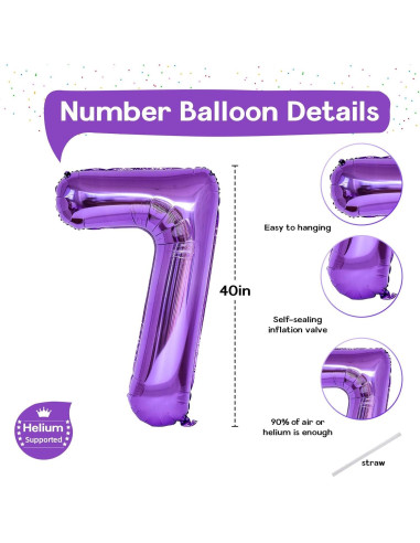 Globo de Número 7 Morado Mylar 101,6 cm para Cumpleaños