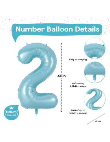 Globo de Número 2 Azul Perla 100 cm Autoinflable