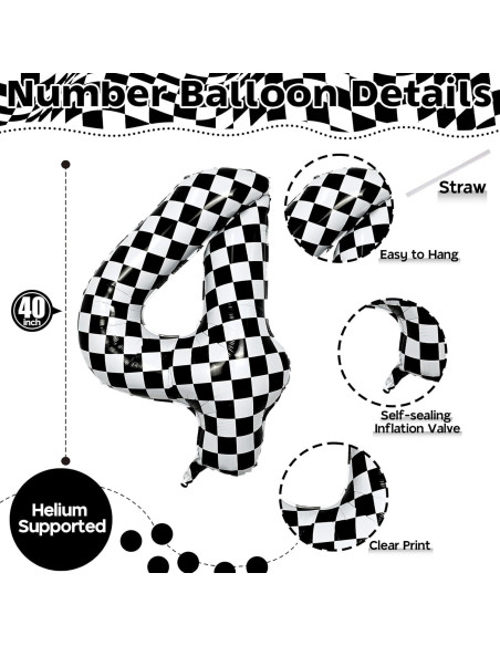 Globo de Número 4 Grande Isndare 101,6 cm Cuadros Negros