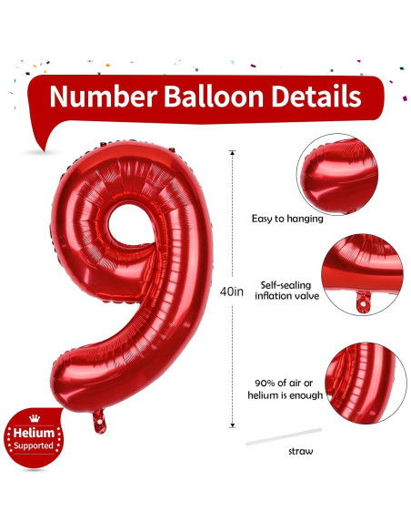 Globo Gigante Número 9 Rojo 101,6 cm para Cumpleaños