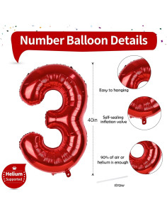 Globo de Número 3 Rojo Gigante 101,6 cm para Fiestas 2
