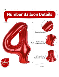 Globo de Número 4 Rojo 101,6 cm Autoinflable para Fiestas 2