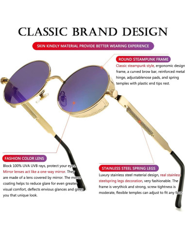 Gafas de sol redondas AIEYEZO Steampunk doradas 48mm UV
