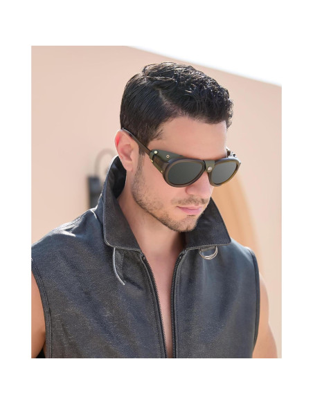 Gafas de sol retro steampunk MACJERO con escudos de cuero