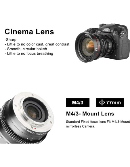 Lente de Cine MEKE 12mm T2.2 MFT Manual 4K para Olympus Panasonic
