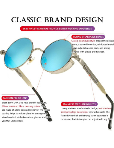 Gafas de sol redondas AIEYEZO Steampunk UV 100% plateadas