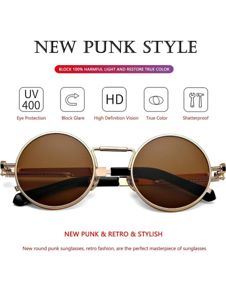 Gafas de sol redondas AIEYEZO steampunk UV 100% marco metálico