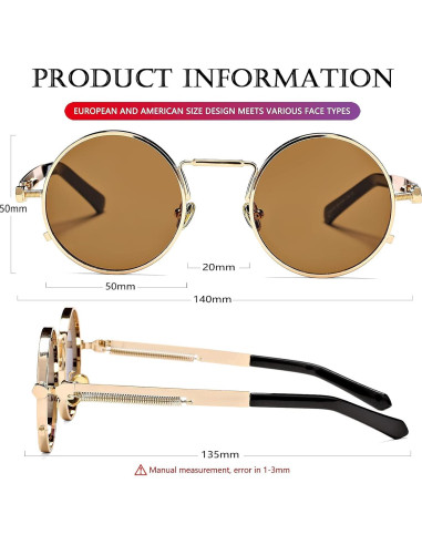 Gafas de sol redondas AIEYEZO steampunk UV 100% marco metálico