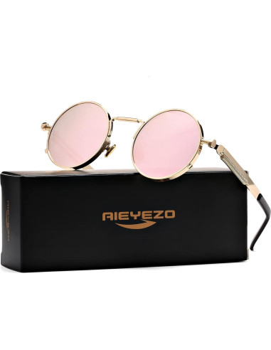 Gafas de sol redondas AIEYEZO oro espejo rosado UV 100%