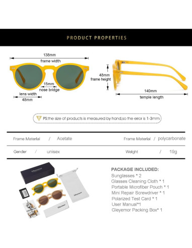 Gleyemor Gafas de Sol Polarizadas UV400 Redondas Unisex