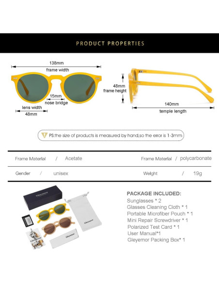 Gleyemor Gafas de Sol Polarizadas UV400 Redondas Unisex