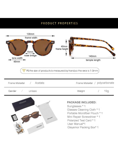 Gleyemor Gafas de Sol Polarizadas UV400 Marco Tortuga 48mm