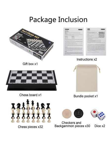 Set de Ajedrez Magnético 10" KAILE - 3 en 1 Viaje Damas Backgammon