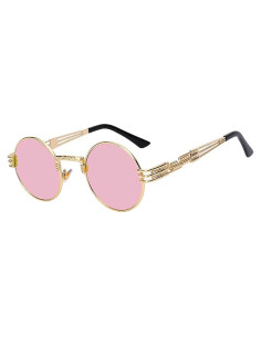 Gafas de sol redondas Steampunk Metal UV400 Dorado/Rosa