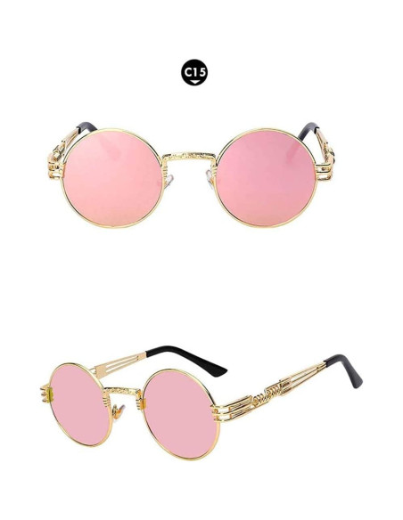 Gafas de sol redondas Steampunk Metal UV400 Dorado/Rosa