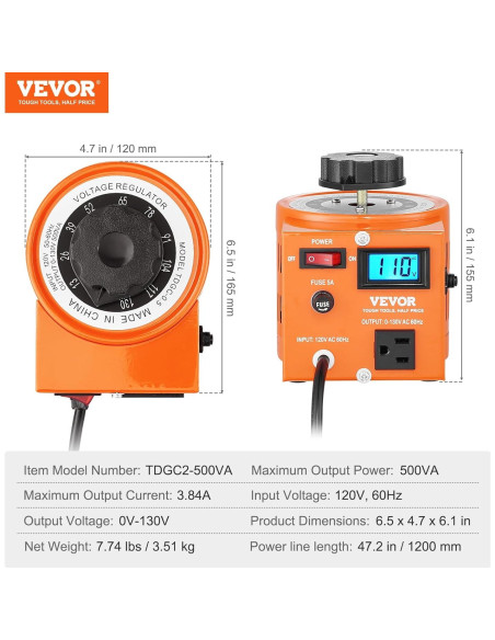 Transformador de Voltaje Variable VEVOR 500VA 0-130V LCD