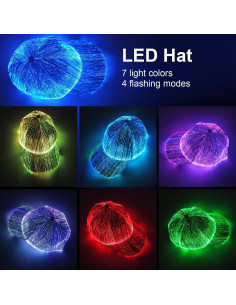 Gorra LED de fibra óptica EDC negra con 7 colores y USB 2