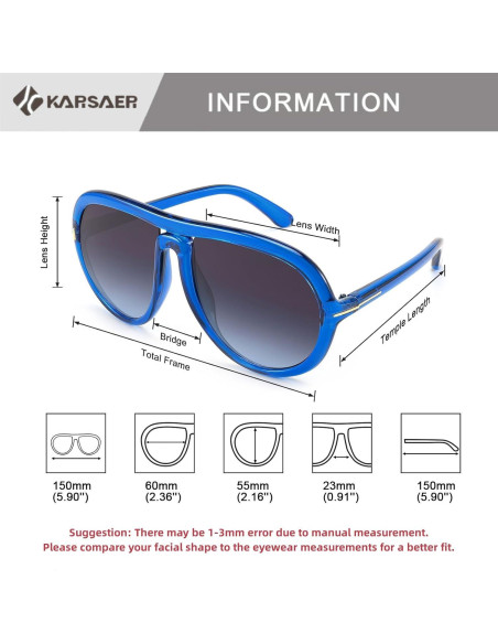Gafas de sol aviador Karsaer unisex 60mm protección UV