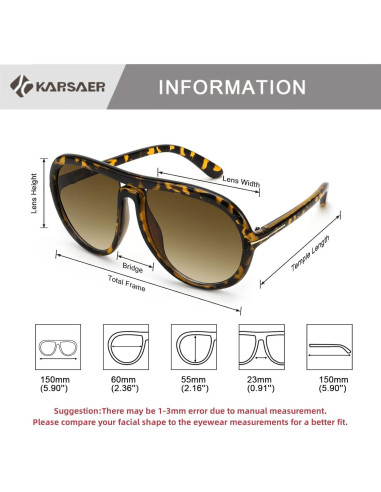 Gafas de sol aviador Karsaer unisex 60mm protección UV