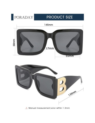 Gafas de sol cuadradas PORADAY UV400 unisex, marco negro