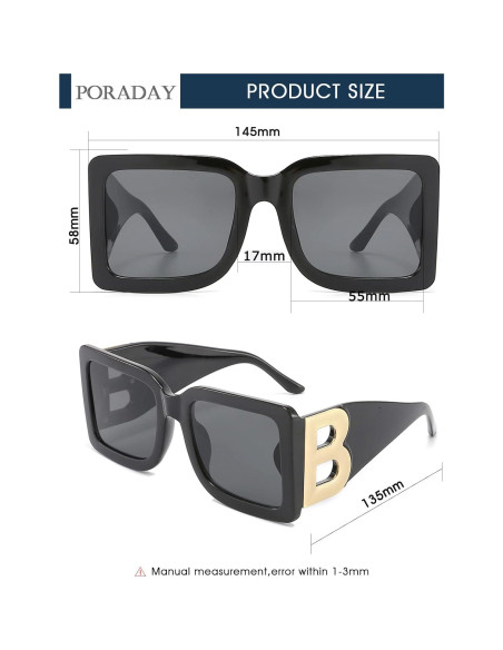 Gafas de sol cuadradas PORADAY UV400 unisex, marco negro