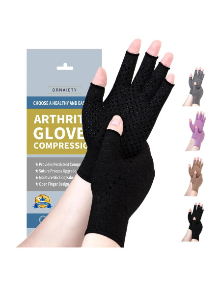 Guantes de Compresión para Artritis DRNAIETY - Sin Dedos, Negro, S