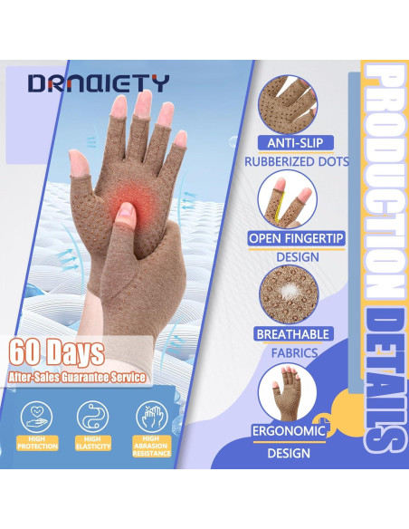 Guantes de Compresión DRNAIETY para Artritis - Sin Dedos L Caqui