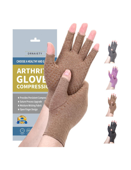 Guantes de Compresión DRNAIETY para Artritis - Sin Dedos M Caqui