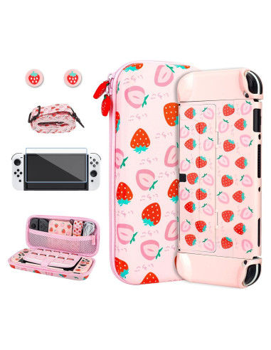 Estuche Fresa RHOTALL para Nintendo Switch OLED Rosa 6 en 1