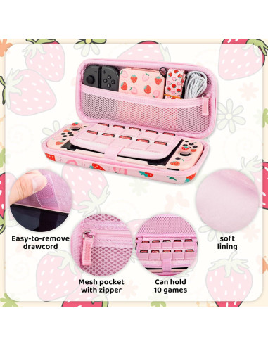 Estuche Fresa RHOTALL para Nintendo Switch OLED Rosa 6 en 1