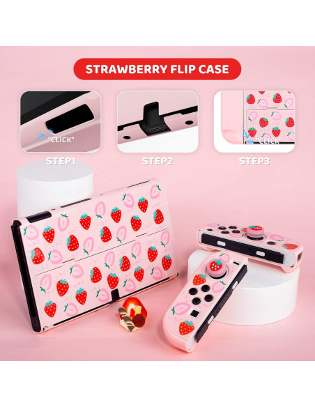 Estuche Fresa RHOTALL para Nintendo Switch OLED Rosa 6 en 1