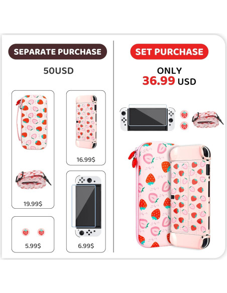 Estuche Fresa RHOTALL para Nintendo Switch OLED Rosa 6 en 1