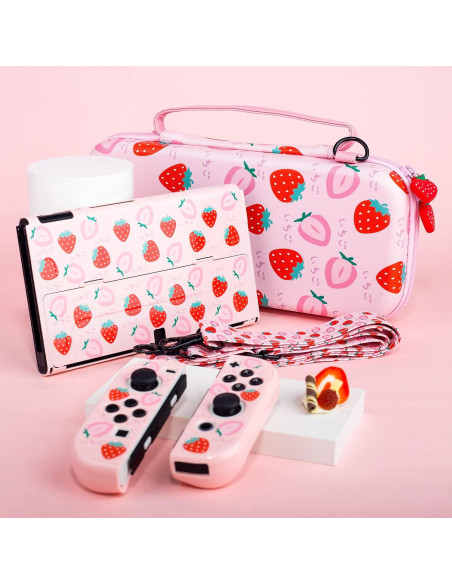 Estuche Fresa RHOTALL para Nintendo Switch OLED Rosa 6 en 1