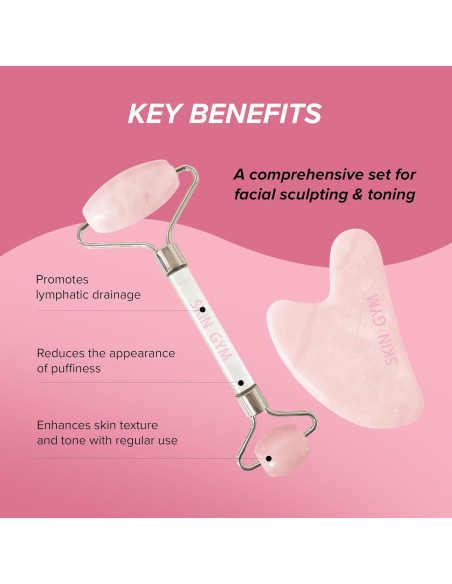 Rodillo Facial y Gua Sha Skin Gym Cuarzo Rosa Antienvejecimiento