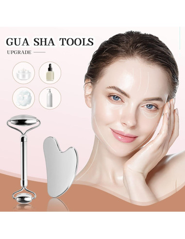 Rodillo Facial Aresvns Acero Inoxidable + Gua Sha 2 Piezas