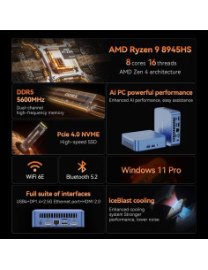 Mini PC GEEKOM AX8 Pro, Ryzen 9, 32GB RAM, 2TB SSD 2