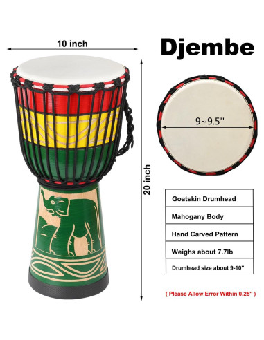 Djembe LIEKE Tambor Africano 25,4 cm Piel de Cabra Verde