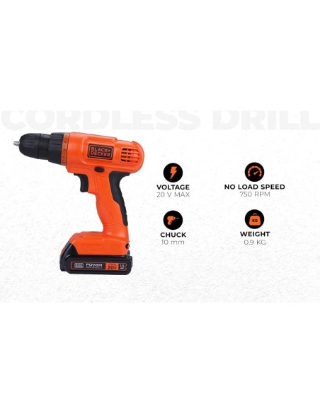Taladro Inalámbrico BLACK+DECKER 20V MAX + Kit 34 Piezas