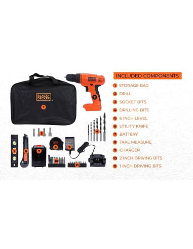Taladro Inalámbrico BLACK+DECKER 20V MAX + Kit 34 Piezas