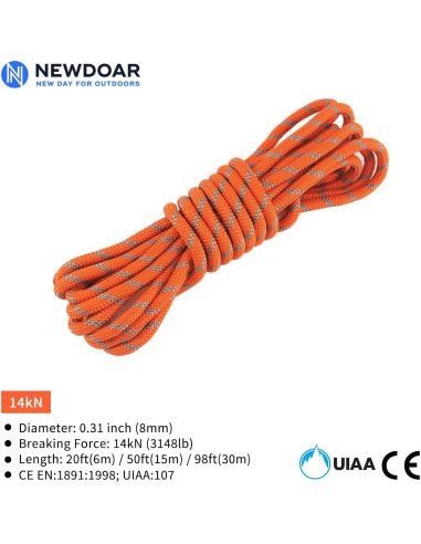 Cuerda de Escalada Estática NewDoar 8mm 6M Naranja