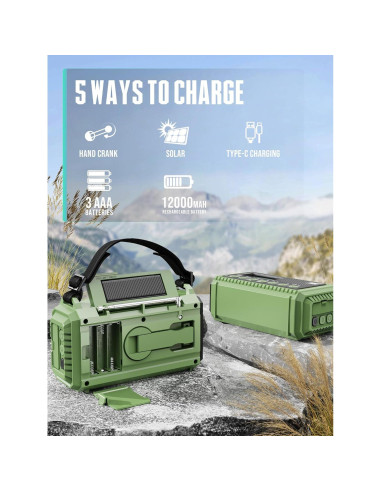 Radio de Emergencia ROCAM 12000mAh AM/FM NOAA Linterna