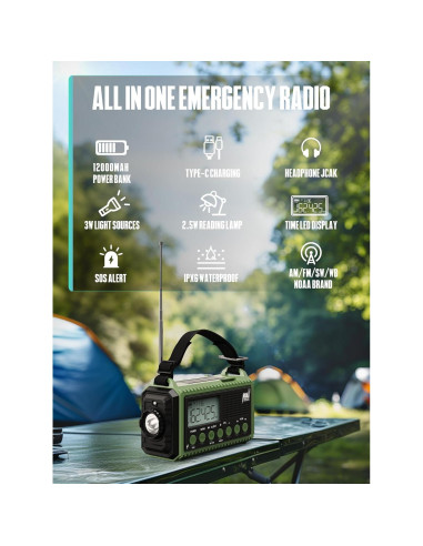 Radio de Emergencia ROCAM 12000mAh AM/FM NOAA Linterna