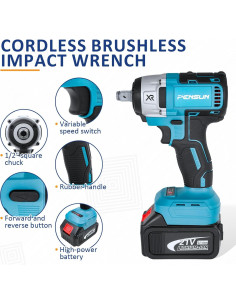 Llave de impacto inalámbrica PENSUN 1/2" 352.78 Nm 3000 RPM 2