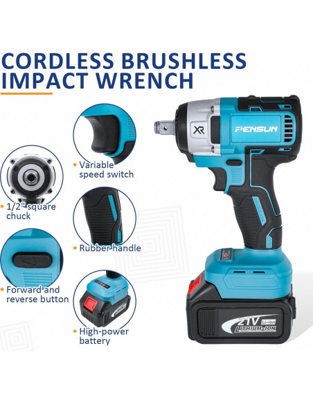Llave de impacto inalámbrica PENSUN 1/2" 352.78 Nm 3000 RPM