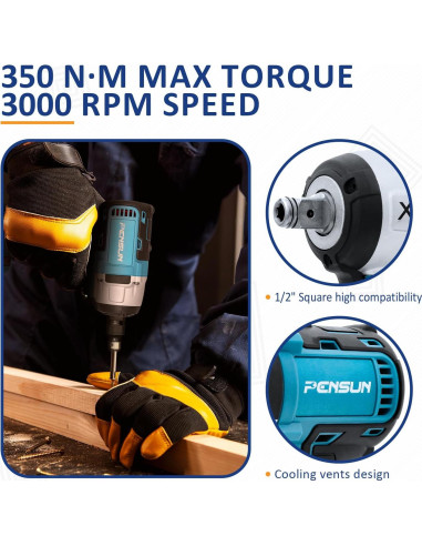 Llave de impacto inalámbrica PENSUN 1/2" 352.78 Nm 3000 RPM