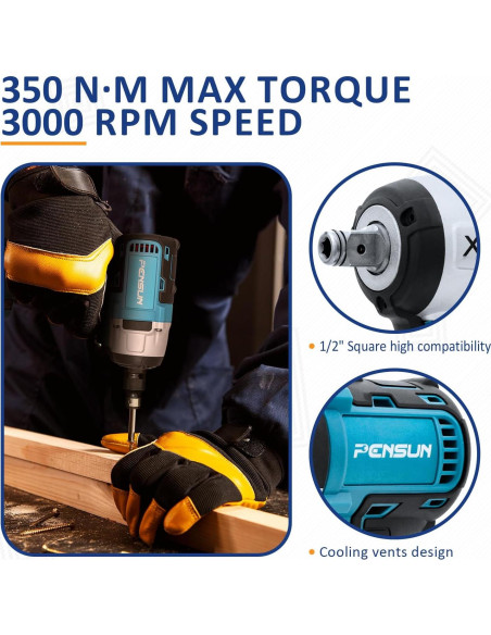 Llave de impacto inalámbrica PENSUN 1/2" 352.78 Nm 3000 RPM