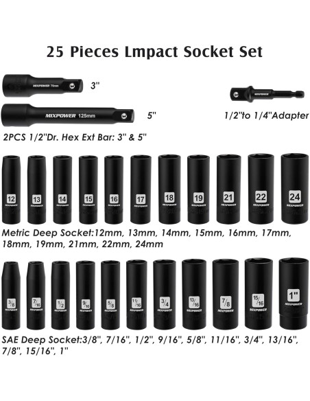 Juego de 25 Piezas de Impacto MIXPOWER 1/2" CR-V Métrico/SAE
