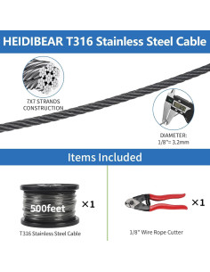 Cable de Acero Inoxidable 500 ft HEIDIBEAR 1/8" Negro 2